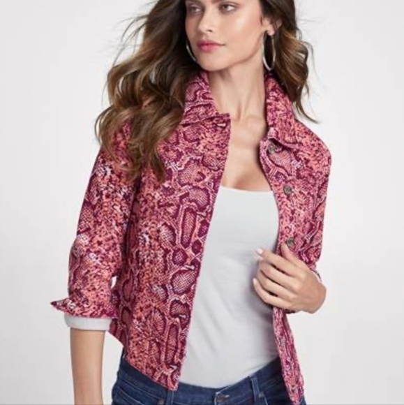 Venus plus size 1x stretch cotton Jean jacket pink peach snake print - Picture 1 of 7